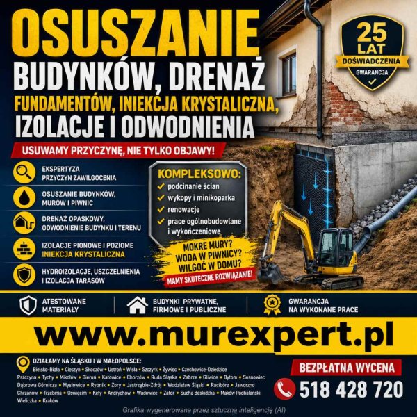 Osuszanie budynków, drenaż fundamentów, iniekcja krystaliczna, izolacje i odwodnienia